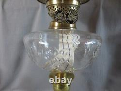 Antique Brass & Cut Glass Oil Lamp & Original Acid Etched Round Oil Lamp Shade