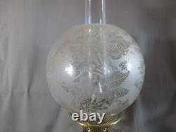 Antique Brass & Cut Glass Oil Lamp & Original Acid Etched Round Oil Lamp Shade