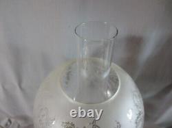 Antique Brass & Cut Glass Oil Lamp & Original Acid Etched Round Oil Lamp Shade