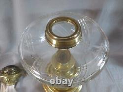 Antique Brass & Cut Glass Oil Lamp & Original Acid Etched Round Oil Lamp Shade