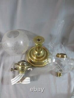 Antique Brass & Cut Glass Oil Lamp & Original Acid Etched Round Oil Lamp Shade