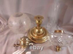 Antique Brass & Cut Glass Oil Lamp & Original Acid Etched Round Oil Lamp Shade