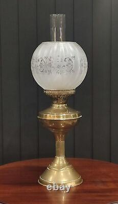 Antique Brass Duplex Oil Lamp With Acid Etched Glass Shade