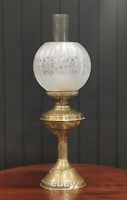 Antique Brass Duplex Oil Lamp With Acid Etched Glass Shade