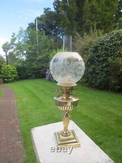 Antique Brass Duplex Oil Lamp burner & Vintage Acid Etched Tulip Shade