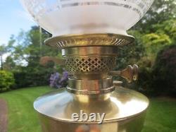 Antique Brass Duplex Oil Lamp burner & Vintage Acid Etched Tulip Shade