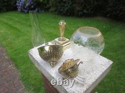 Antique Brass Duplex Oil Lamp burner & Vintage Acid Etched Tulip Shade