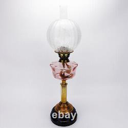 Antique Brass Duplex Oil Lamp with Pink Cut Glass Font & Etched Globe Shade