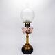 Antique Brass Duplex Oil Lamp with Pink Cut Glass Font & Etched Globe Shade