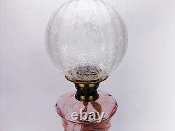 Antique Brass Duplex Oil Lamp with Pink Cut Glass Font & Etched Globe Shade