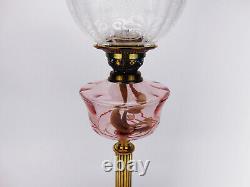 Antique Brass Duplex Oil Lamp with Pink Cut Glass Font & Etched Globe Shade