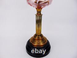 Antique Brass Duplex Oil Lamp with Pink Cut Glass Font & Etched Globe Shade