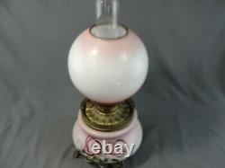 Antique Brass Fostoria Glass Co. GWTW Hand Painted Floral Oil Lamp Pink Purple