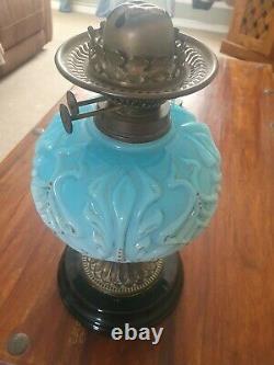 Antique Brass & Glass Blue Duplex Oil Lamp With Heavy Base