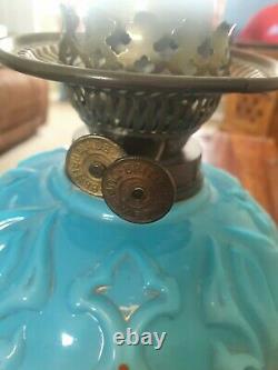 Antique Brass & Glass Blue Duplex Oil Lamp With Heavy Base