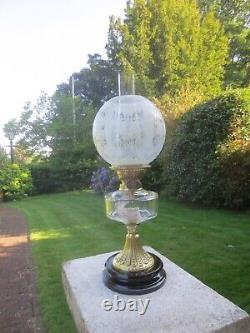 Antique Brass & Glass Oil Lamp Complete with Original Acid Etched Oil Lamp Shade