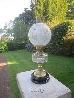 Antique Brass & Glass Oil Lamp Complete with Original Acid Etched Oil Lamp Shade