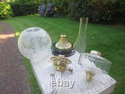 Antique Brass & Glass Oil Lamp Complete with Original Acid Etched Oil Lamp Shade