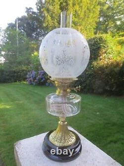 Antique Brass & Glass Oil Lamp Complete with Original Acid Etched Oil Lamp Shade