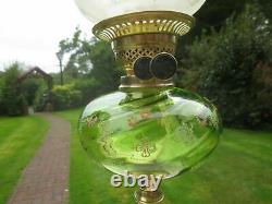 Antique Brass & Green Glass Oil Lamp With Original Tulip Shade & Chimney