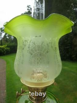 Antique Brass & Green Glass Oil Lamp With Original Tulip Shade & Chimney