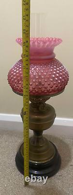 Antique Brass Oil Lamp Cranberry Hobnail Lamp Shade, Chimney on Wooden Base