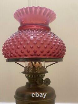 Antique Brass Oil Lamp Cranberry Hobnail Lamp Shade, Chimney on Wooden Base