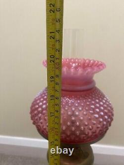 Antique Brass Oil Lamp Cranberry Hobnail Lamp Shade, Chimney on Wooden Base