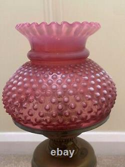 Antique Brass Oil Lamp Cranberry Hobnail Lamp Shade, Chimney on Wooden Base