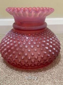 Antique Brass Oil Lamp Cranberry Hobnail Lamp Shade, Chimney on Wooden Base