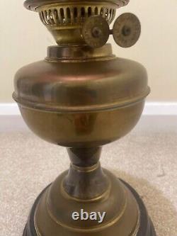 Antique Brass Oil Lamp Cranberry Hobnail Lamp Shade, Chimney on Wooden Base