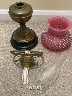 Antique Brass Oil Lamp Cranberry Hobnail Lamp Shade, Chimney on Wooden Base