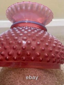 Antique Brass Oil Lamp Cranberry Hobnail Lamp Shade, Chimney on Wooden Base