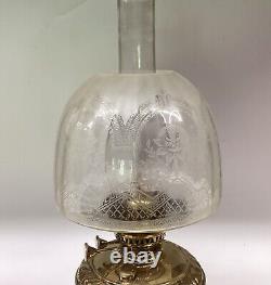 Antique Brass Oil Lamp Veritas Acid Etched Beehive Shade W & S Duplex Burner