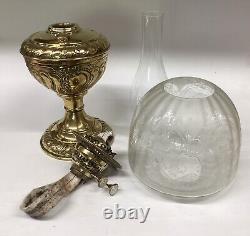 Antique Brass Oil Lamp Veritas Acid Etched Beehive Shade W & S Duplex Burner