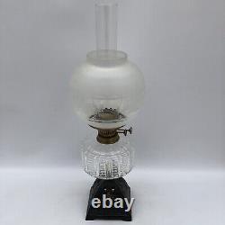 Antique Brass Oil Lamp on Cast Iron Base with Glass Shades & Chimney