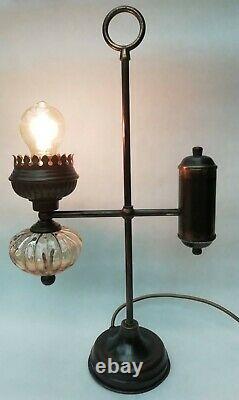 Antique Brass Student Oil Lamp Amber Pumpkin Glass Feature Converted To Electric