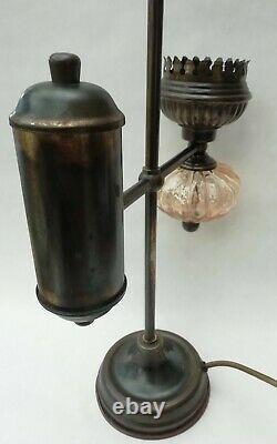 Antique Brass Student Oil Lamp Amber Pumpkin Glass Feature Converted To Electric