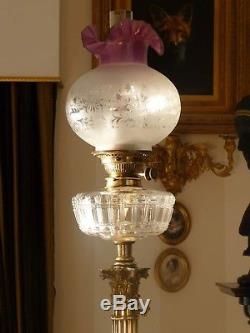 Antique Brass Telescopic Oil Lamp light Cranberry Shade Cut Crystal Reservoir