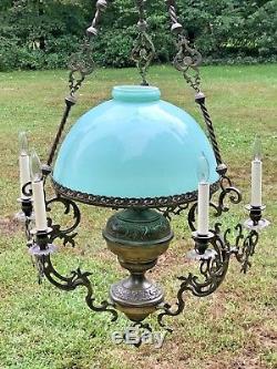 Antique Brass Victorian Oil Chandelier Converted Blue Milk Glass Lamp Shade