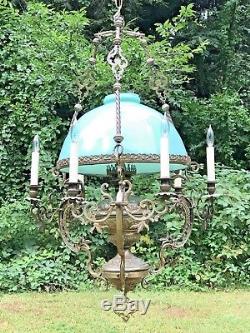 Antique Brass Victorian Oil Chandelier Converted Blue Milk Glass Lamp Shade