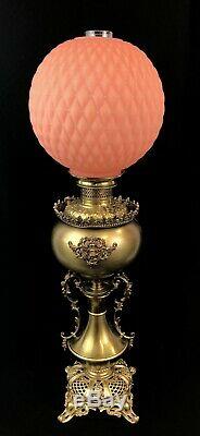 Antique Brass and Glass Banquet Oil Lamp with Electric Etched