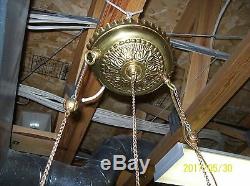 Antique Brass and flowered shade oil hanging lamp converted to electric