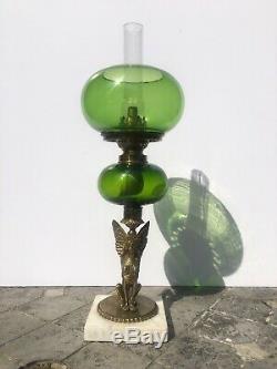 Antique Brass egyptian Sphinx goddess Griffon Greek green glass oil lamp