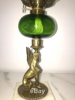 Antique Brass egyptian Sphinx goddess Griffon Greek green glass oil lamp