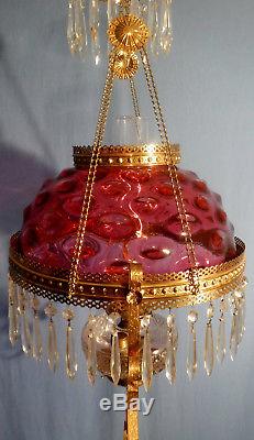 Antique Bullseye Cranberry Ruby Red Victorian Hanging Library Oil Lamp B & H
