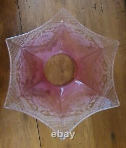 Antique CRANBERRY ETCHED SHADE oil gas lamp pink glass 3 1/4 fitter 14.5cm tall