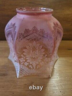 Antique CRANBERRY ETCHED SHADE oil gas lamp pink glass 3 1/4 fitter 14.5cm tall