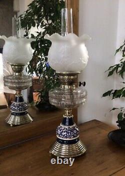 Antique Ceramic And Brass Oil Lamp Moulded Glass Shade Duplex Burner