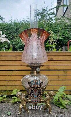 Antique Cherub/Putti Champleve/Cloisonné Hex Cut Glass Oil Lamp